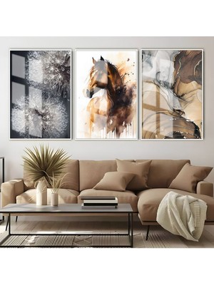 kahverengi At-Karahindiba Soyut Kombini |çerçeveli Cam Tablo  3lü Dikey