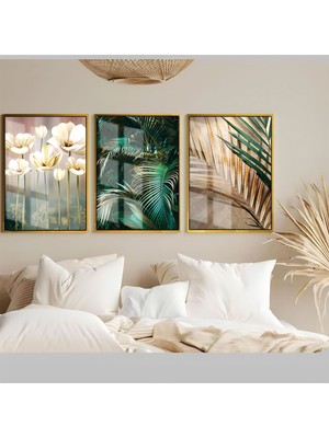soft Yeşil-Kahverengi Yaprak-Çiçek Kombini |çerçeveli Temperli Cam Tablo 3lü Dikey