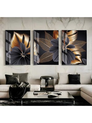 siyah-Gold En Şık Çiçek Kombini|çerçeveli Temperli Cam Tablo 3lü Dikey