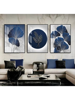 Harikabirev|lacivert-Gümüş 1 Şık Sonsuzluk Çiçek|çerçeveli Temperli Cam Tablo 3lü Dikey
