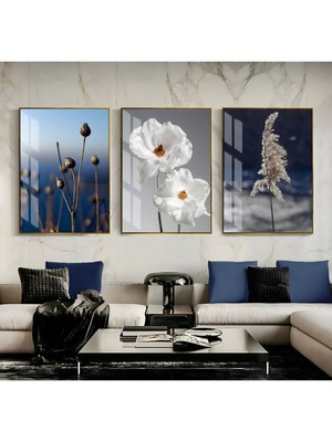 lacivert-Gümüş 7 Şık Çiçekler ve Püskül |çerçeveli Temperli Cam Tablo 3lü Dikey