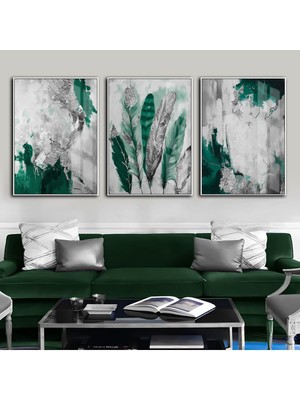zümrüt-Gümüş Kombini Tüy-Soyut Kombin|çerçeveli Temperli Cam Tablo 3lü Dikey