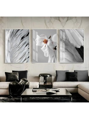 siyah-Beyaz En Şık Çiçek Kombini|çerçeveli Temperli Cam Tablo 3lü Dikey