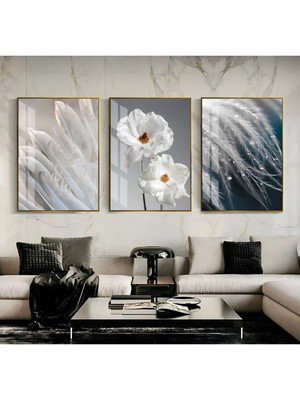 gümüş-Beyaz Renk Çiçek-Tüy Kombin 03|çerçeveli Cam Tablo Temperli 3lü Dikey
