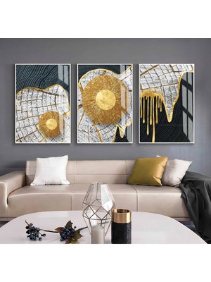 gold-Gri-Siyah Etnik Soyut Kombini|çerçeveli Cam Tablo  3lü Dikey