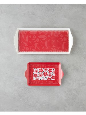 Pink Flowers Melamin 2'li Tepsi 36X16 cm + 24X14 cm Pembe