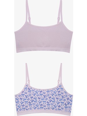 Penti Kız Çocuk Ribbon Fiyonk Baskılı Pamuklu Halter Yaka 2'li Crop Büstiyer