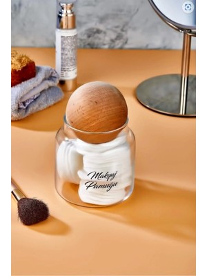 Cam Dekoratif Top Kapaklı Makyaj Pamuğu Kavanozu 500 ml Organizer Büyük Boy