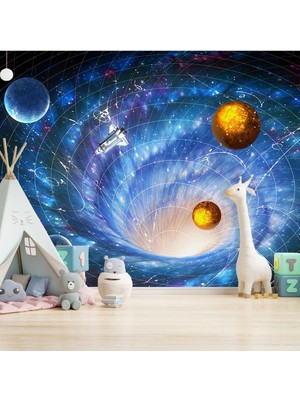 Gezegenler ve Uzay Desenli Silinebilir Tekstil Duvar Kağıdı