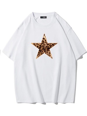 Brz Collection Kadın Leopar Yıldız Desenli T-Shirt Beyaz