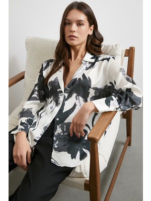 Never More Saten Yüzeyli Desenli Gömlek Siyah