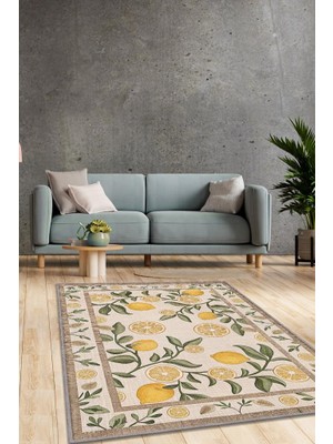 Homshtag Art Deco Limon Desenli Halı Bitki Temalı Sarı Renk Modern Limon Desenli Dijital Baskı Halı