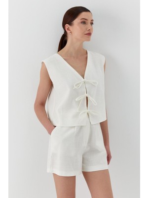 Keten Yelek Bluz Ekru