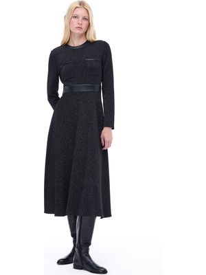 Perspective Anderas Regular Fit Midi Boy Takma Kol Bisiklet Yaka Siyah Elbise