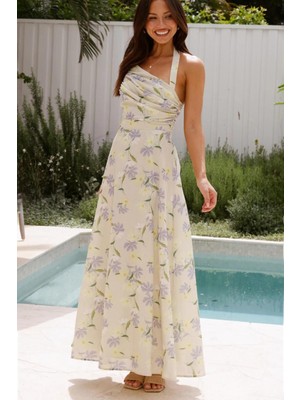 Lila Önü Büzgülü Çiçekli Uzun Elbise MG2363