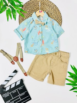 Frizya Keten Gömlek Şort 4lü Takım - Mavi