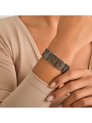 Nusret Takı 925 Ayar Gümüş ve Bronz Karışımı Konstantinopol Tasarım Kalın Bileklik