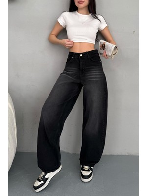 Alanora Kadın Geniş Paça Soluk Efektli Baggy Jean Yüksek Bel Rahat Tasarım