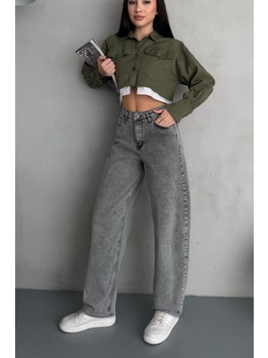 Kadın Soluk Efektli Bol Kesim Rahat Geniş Paça Baggy Jean