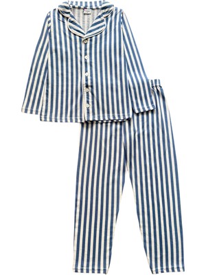 Erkek Çocuk %100 Pamuklu Mavi Beyaz Çizgili Gömlek Yaka Boydan Düğmeli Uzun Kollu Pijama Takımı