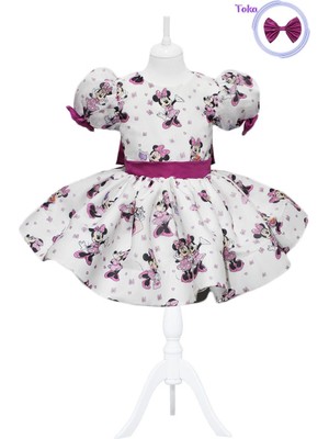 Minnie Mouse Kabarık Balon Kollu Organze Abiye - Minnie Kız Çocuk Elbise - Çocuk Abiye Çocuk Elbise