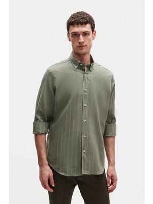Ds Damat Regular Fit Haki Çizgili Gömlek
