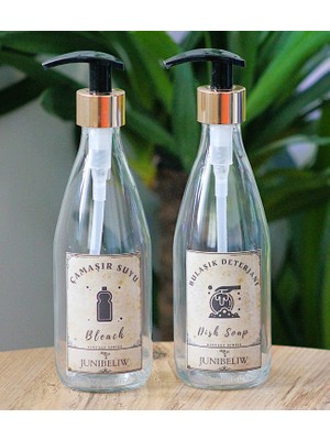 2li Set Cam Şişe Vintage Boş Suya Dayanıklı Etiket Cam Şişe Bulaşık Deterjanlık Çamaşır Suyu 2X330ML