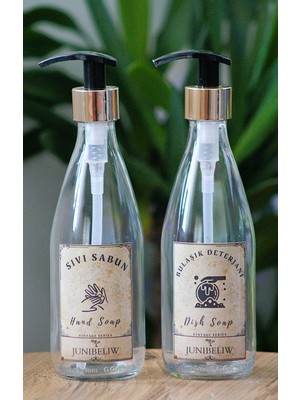 2li Set Cam Şişe Vintage Boş Suya Dayanıklı Etiket Cam Şişe Bulaşık Deterjanlık Sıvı Sabunluk 2X330ML