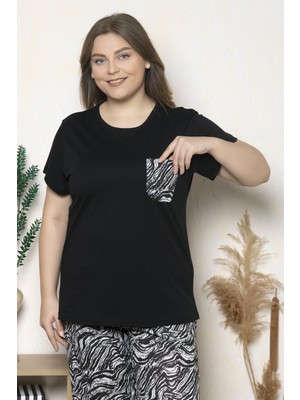 Büyük Beden Siyah Renkli Zebra Desenli Kısa Kollu Battal Pijama Takımı B-12