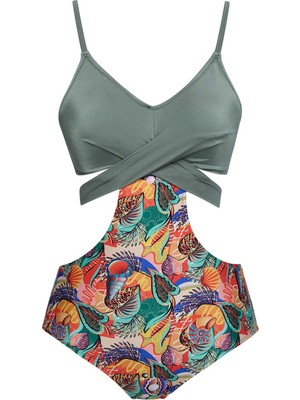 Sailor Moda Kadın Yeşil Ayarlanabilir Askılı Desteksiz Kaplı Desenli Çapraz Kesim Özel Tasarım Mayokini