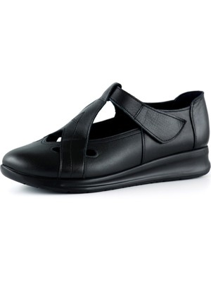 Frida Siyah  Deri Kesik Detaylı Cırt Cırtlı Günlük Ayakkabı