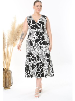 Kadın Siyah Beyaz Safari Desen Kolsuz Kruvaze Yaka Büyük Beden Maxi Elbise