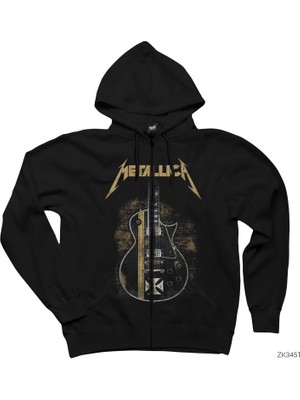 Metallica Guitar Cross Siyah Fermuarlı Kapşonlu Sweatshirt