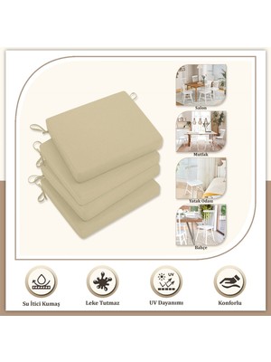 Monolisse Canvas 6'lı Açık Bej Sıvı Geçirmez Leke Tutmaz Fermuarlı Bağcıklı Sandalye Minderi 40 x 40 cm
