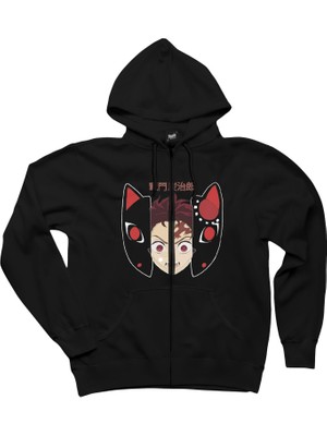 Demon Slayer Tanjiro Kamado Siyah Fermuarlı Kapşonlu Sweatshirt
