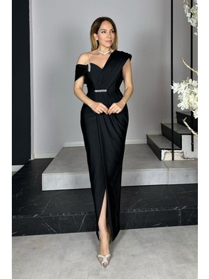 Ges Moda G1374 Taş Detaylı Tek Omuz Tasarım Abiye Elbise Siyah