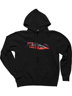 F1 Audi Car Siyah Fermuarlı Kapşonlu Sweatshirt