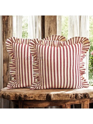 2'li Fırfırlı Çizgili Keten Kırlent Kılıfı, Kırmızı Çizgili