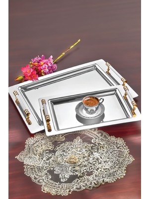 Yüzük 2li Paslanmaz Çelik Gümüş Sunumluk Çay Kahve Tepsisi Gold Beyaz Detaylı Servis Tepsisi
