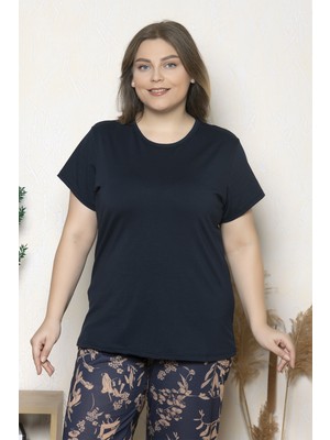 Büyük Beden Lacivert Renkli Çiçek Desenli Kısa Kollu Battal Pijama Takımı B-7