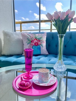 Metal Pembe Tek Kişilik Dekoratif Çay, Kahve ve Pasta Servisi Sunum Tepsisi 23 cm