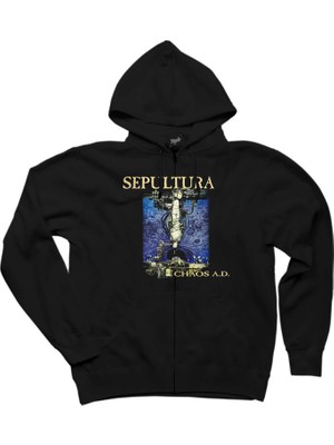 Z zepplin Sepultura Chaos A.d. Siyah Fermuarlı Kapşonlu Sweatshirt