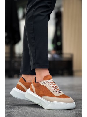 Ba0354 Günlük  Bağcıklı Erkek Yüksek Taban Krem Detaylı Taba Süet Spor Ayakkabı