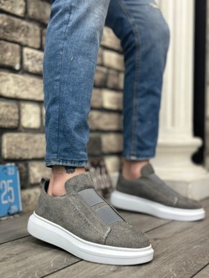 BA0307 Boa Kalın Süet Yüksek Taban Çift Bant Gri Erkek Ayakkabı