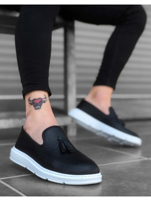 BA0005 Bağcıksız Yüksek Taban Siyah Beyaz Klasik Püsküllü Corcik Erkek Ayakkabı