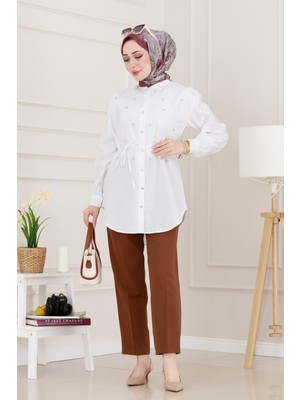 Monako Yaka Taşlı Tunik-Beyaz