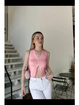 Kadın Somon Düğmeli Crop Triko Yelek HZL24S-ZK10231