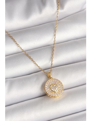 316L Çelik Gold Renk Zincir Madalyon Zirkon Taşlı Kalp Model Kadın Kolye