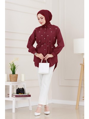 Monako Yaka Taşlı Tunik-Bordo