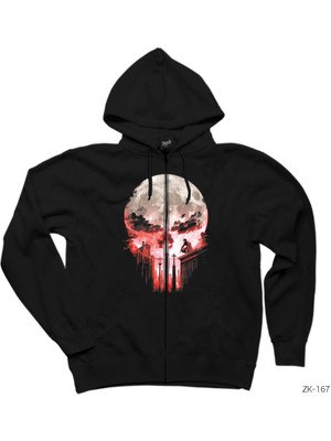Punisher Moon Siyah Fermuarlı Kapşonlu Sweatshirt